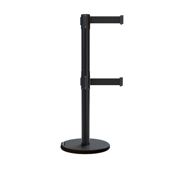 Montour Line Retractable Double Belt Rolling Stanchion, Black, 7.5 ft Length, 2.5 ft Post Height P400DRL-BK-BK-75 - main